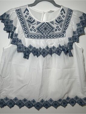 White Sleeveless Embroidered Ruffle Top with Navy Geometric Trim